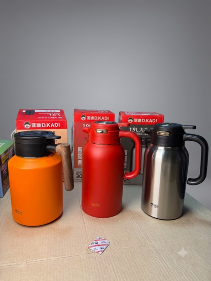 D.KADI 1.9L Vacuum Insulated Thermos Flask | SUS 304 Stainless Steel Tea & Coffee Carafe | 24 Hours Hot, 12 Hours Cold | Orange, Red & Silver