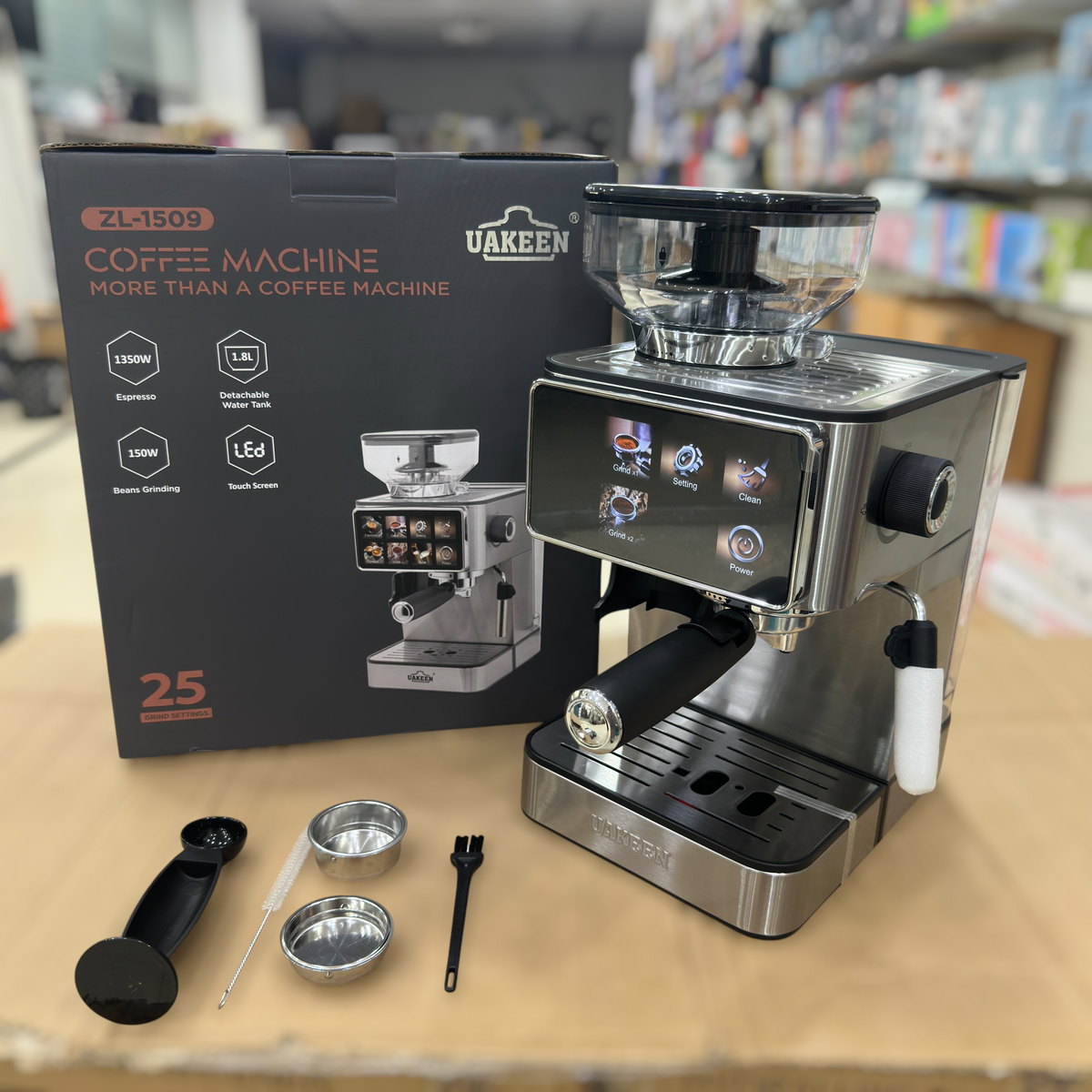 UAKEEN 1350W Espresso Coffee Machine with Built-In Grinder & LED Touch Screen (Model ZL-1509)