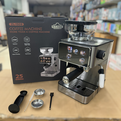 UAKEEN 1350W Espresso Coffee Machine with Built-In Grinder & LED Touch Screen (Model ZL-1509)