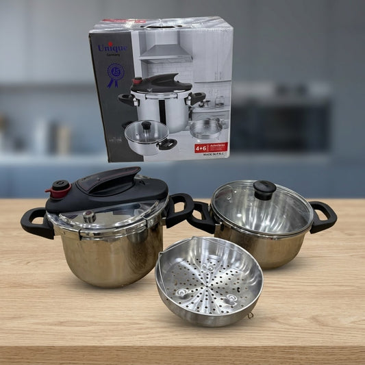 Unique Germany Pressure Cooker Set (4+6) - Stainless Steel with Casserole &amp; Steamer