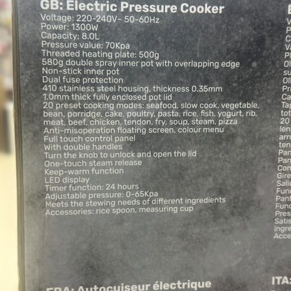 DSP X2000 Pro Electric Pressure Cooker - 8.0L, 1300W, 20 Preset Modes, Full Touch Control