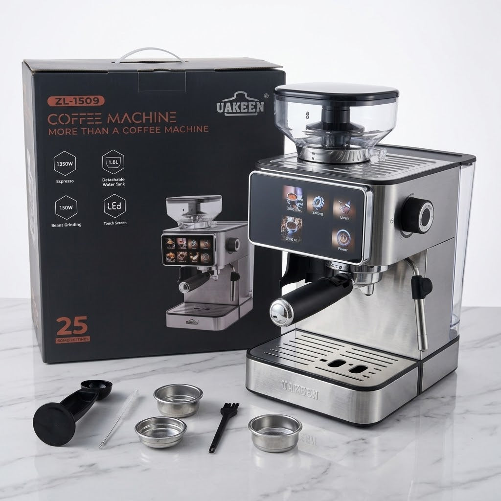 UAKEEN 1350W Espresso Coffee Machine with Built-In Grinder & LED Touch Screen (Model ZL-1509)