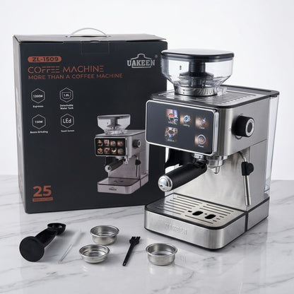 UAKEEN 1350W Espresso Coffee Machine with Built-In Grinder & LED Touch Screen (Model ZL-1509)