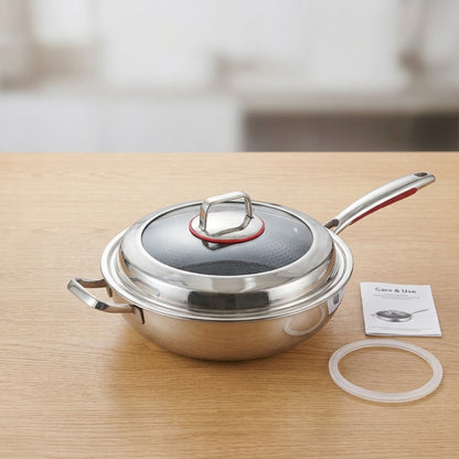 Stainless Steel Honeycomb Non-Stick Wok Pan with Lid - 32cm, 34cm, 36cm