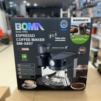 BOMA BM-6897 2-in-1 Espresso Coffee Maker with Built-in Grinder - 2000W, 20 Bar Pump, 1.6L Tank