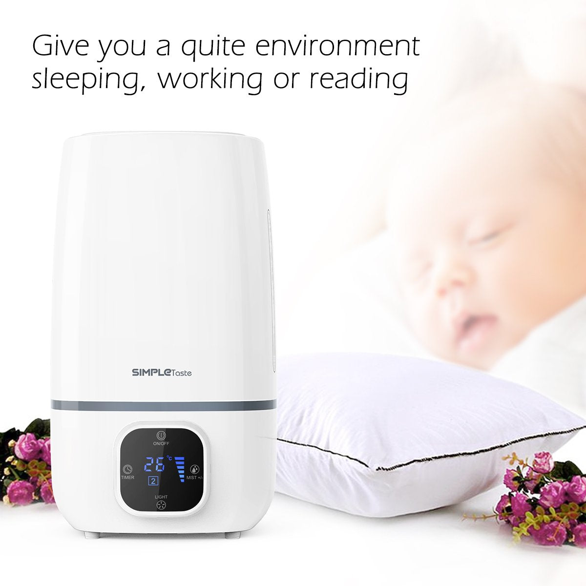 SimpleTaste 4L Ultrasonic Cool Humidifier Aroma Essential Oil Diffuser with LCD Display, 3 Mist Level Control, Timer Setting, and 7 Colors LED Light Whisper-Quiet, 171730CM