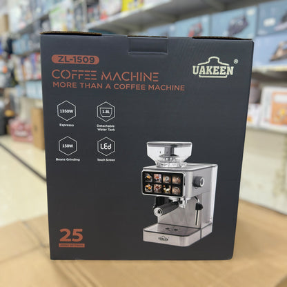 UAKEEN 1350W Espresso Coffee Machine with Built-In Grinder & LED Touch Screen (Model ZL-1509)