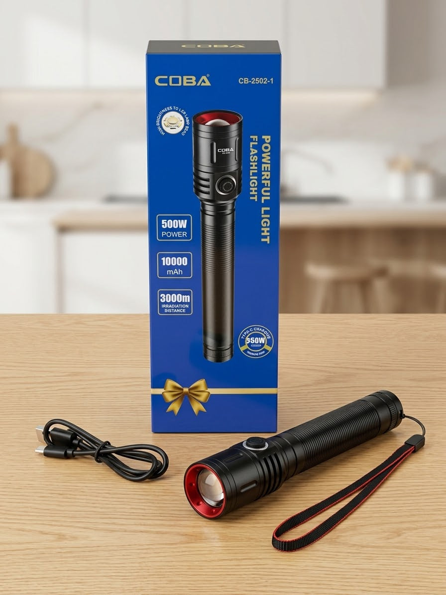 COBA Powerful LED Flashlight CB-2502-1 - 10000mAh, Type-C Rechargeable, 3000m Range