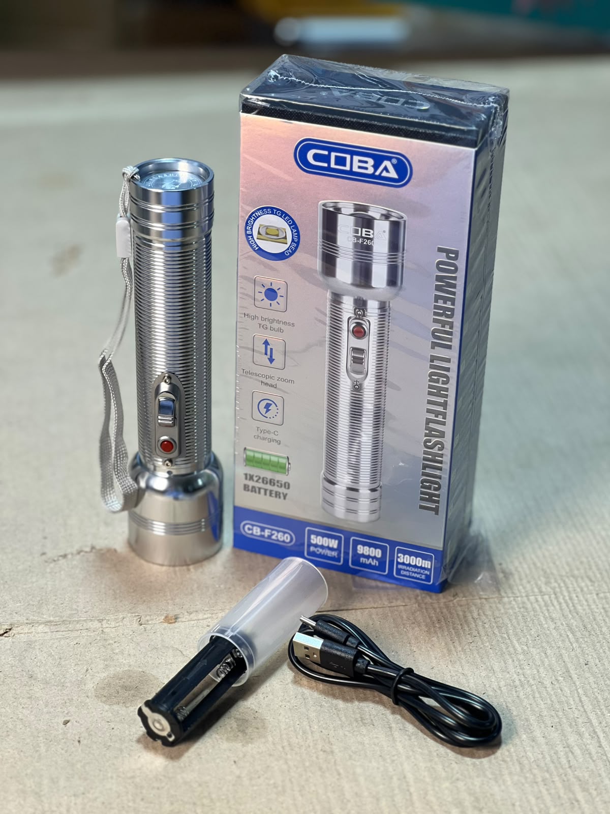 COBA Powerful LED Flashlight CB-F260 - 9800mAh, Type-C Rechargeable, 3000m Range